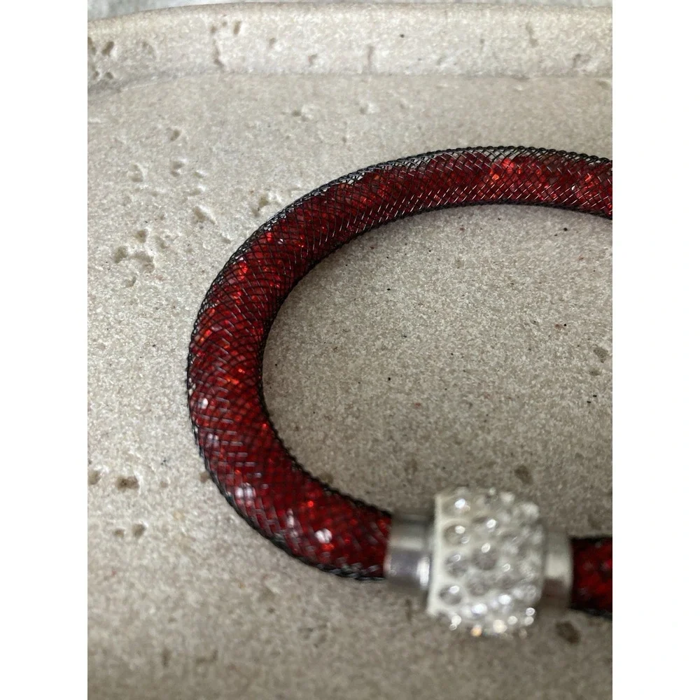 Red Crystal Tube Bracelet Mesh Rhinestone Barrel Clasp Sparkly Magnetic